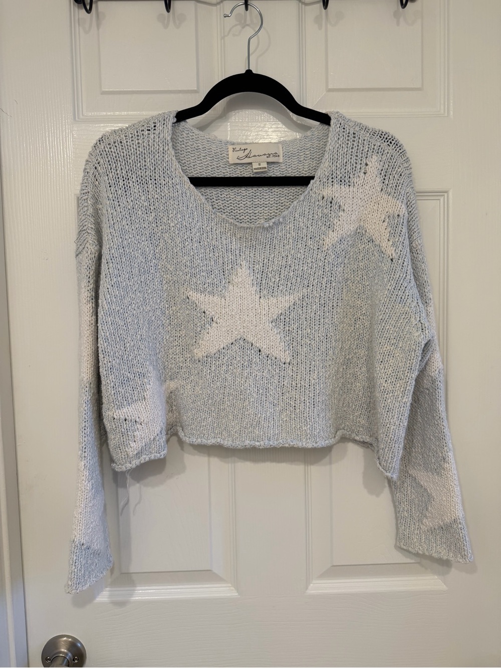 Vintage Havana Light Blue and White Star Cropped Sweater